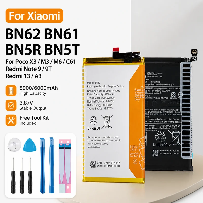 Replacement Battery BN5R BN5T BN62 BN61 For Xiaomi POCO M3 M6 Redmi Note 9 9T 4G Poco X3 Poco C61 Redmi 13 A3 With Tools
Replacement Battery BN5R BN5T BN62 BN61 For Xiaomi POCO M3 M6 Redmi Note 9 9T 4G Poco X3 Poco C61 Redmi 13 A3 With Tools