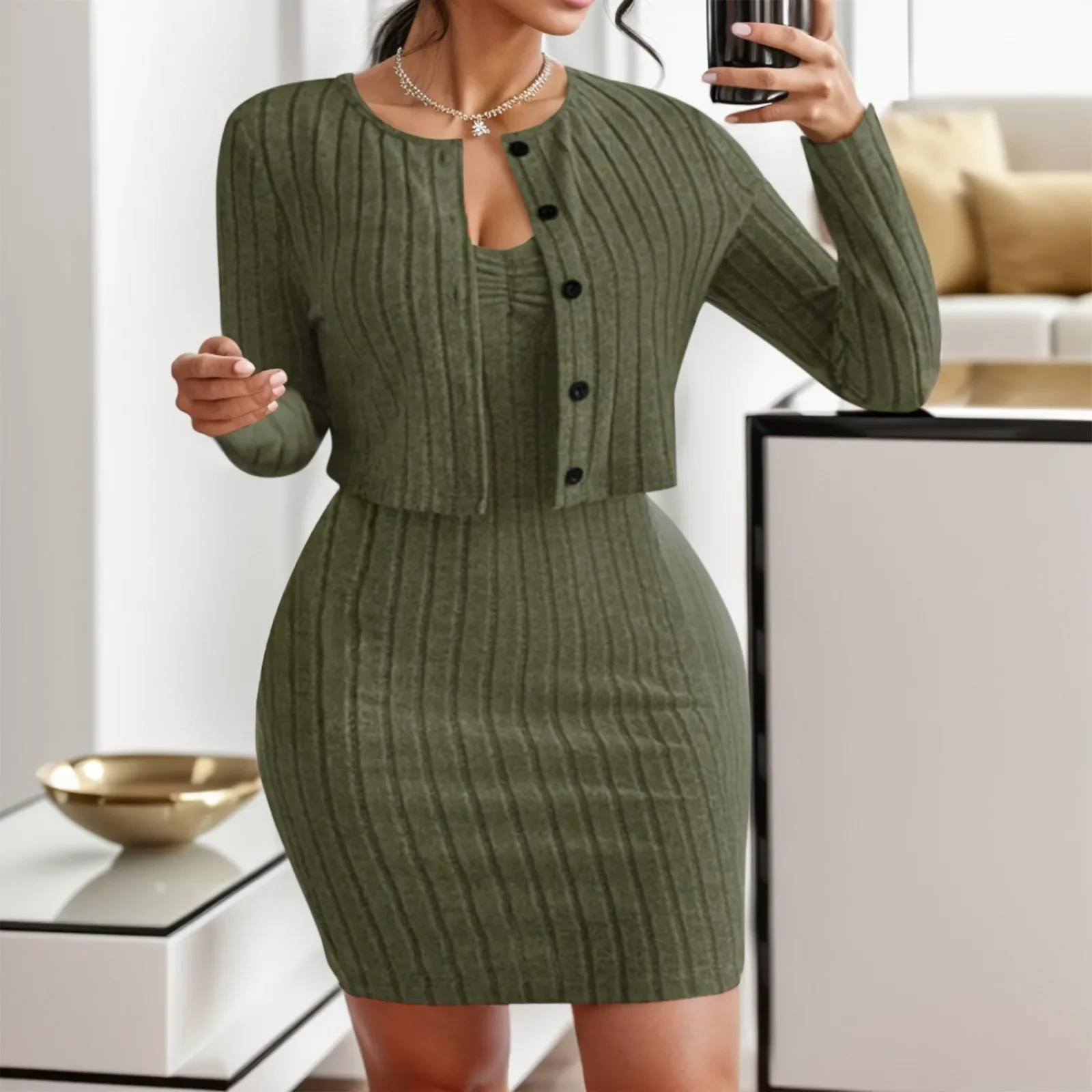 2Pcs/Set Women Spring Autumn Knitted Dress Coat Set Solid Color Sling Bodycon Long Sleeve Single Breasted Mini Dress Vestidos
2Pcs/Set Women Spring Autumn Knitted Dress Coat Set Solid Color Sling Bodycon Long Sleeve Single Breasted Mini Dress Vestidos