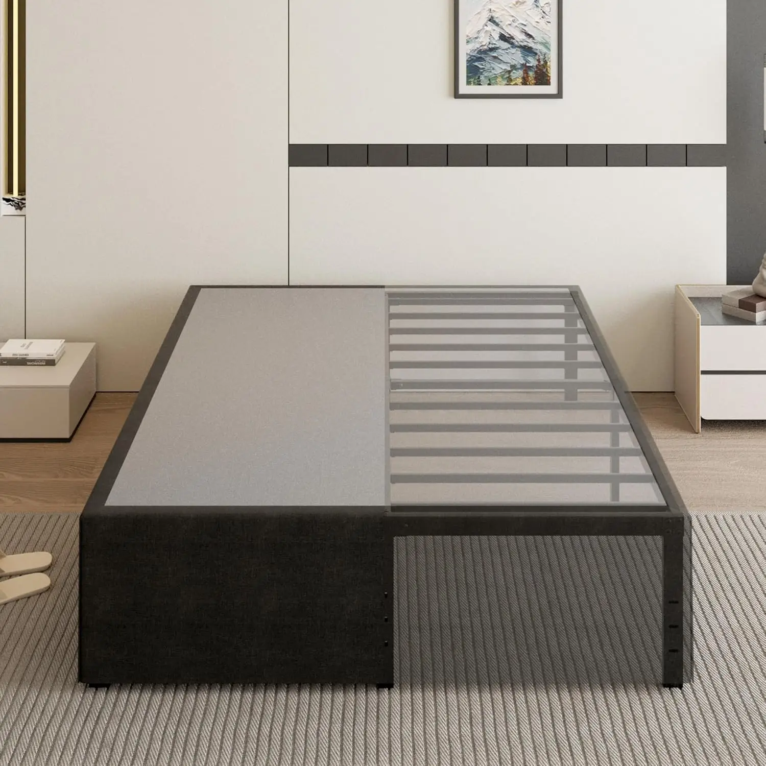 18 Inch King Bed Frame with Black Bed Cover, Metal King Bed Frame No Box Spring Needed, Heavy Duty, Customized
18 Inch King Bed Frame with Black Bed Cover, Metal King Bed Frame No Box Spring Needed, Heavy Duty, Customized