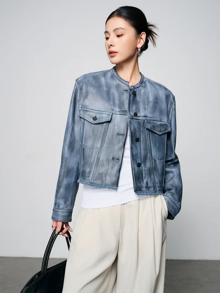 Classic O-neck Genuine Leather Jackets for Women Simple personality Denim Blue Inkjet Design Vintage Short Real Sheepskin Coat
Classic O-neck Genuine Leather Jackets for Women Simple personality Denim Blue Inkjet Design Vintage Short Real Sheepskin Coat