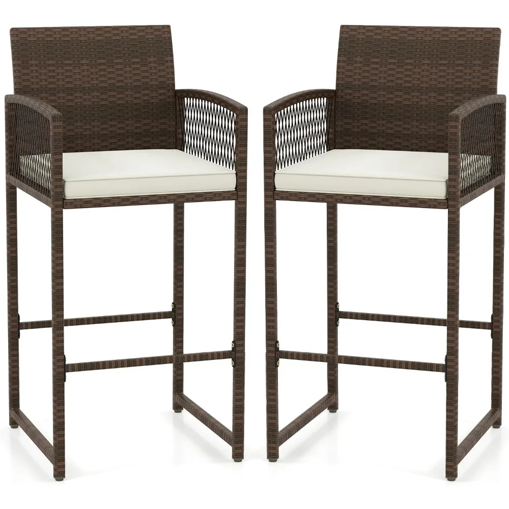 Patio Bar Stools Set of 2, PE Rattan Bar Height Chairs with Backrests, Armrests, Footrests & Soft Cushions, Outdoor
Patio Bar Stools Set of 2, PE Rattan Bar Height Chairs with Backrests, Armrests, Footrests & Soft Cushions, Outdoor