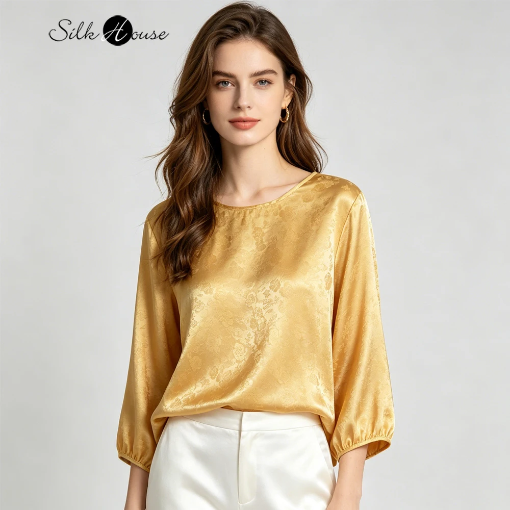 Glossy 100% Natural Mulberry Silk Jacquard Satin Round Neck Lantern Three-quarter Sleeve Bright Yellow Women's Casual T-shirt
Glossy 100% Natural Mulberry Silk Jacquard Satin Round Neck Lantern Three-quarter Sleeve Bright Yellow Women's Casual T-shirt