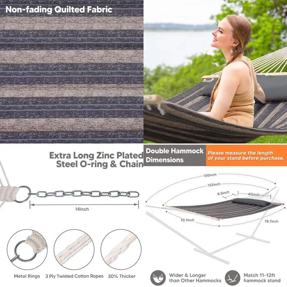 Large 2-Person Quilted Hammock with Hardwood Bar and Pillow, Ideal for Indoor & Outdoor Use, Gray Stripe Pattern
Large 2-Person Quilted Hammock with Hardwood Bar and Pillow, Ideal for Indoor & Outdoor Use, Gray Stripe Pattern