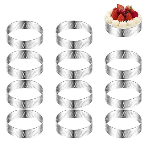 Lot de 12 Cercles à Tarte en Acier Inoxydable Résistants à la Chaleur, Perforés, pour Gâteaux, Mousses, Crumpets, Pâtisseries et Tartelettes