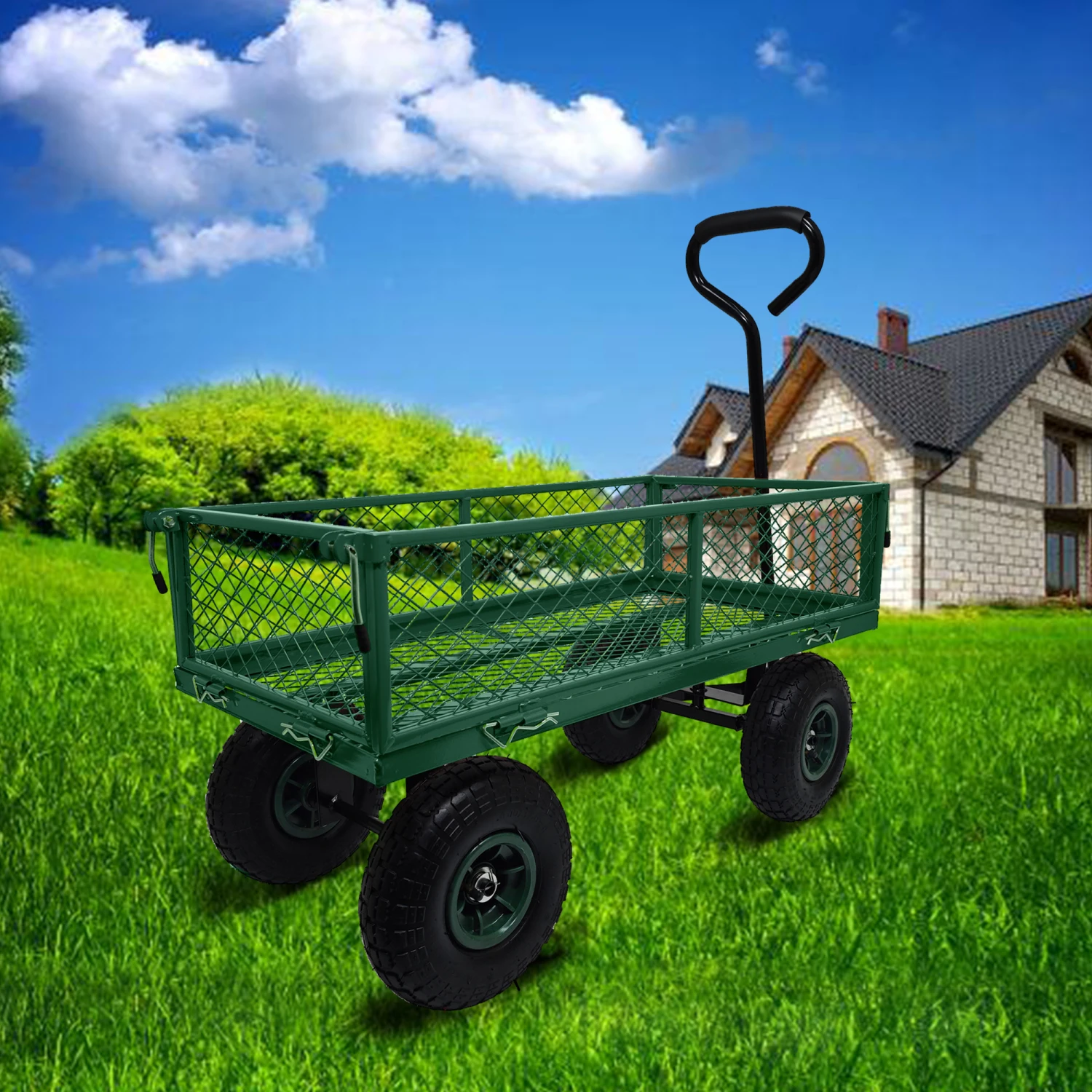 3 cu. ft. 300 lbs. Capacity Removable Sides Metal Steel Mesh Heavy Duty Utility Wagon Outdoor Garden Cart in Green
3 cu. ft. 300 lbs. Capacity Removable Sides Metal Steel Mesh Heavy Duty Utility Wagon Outdoor Garden Cart in Green