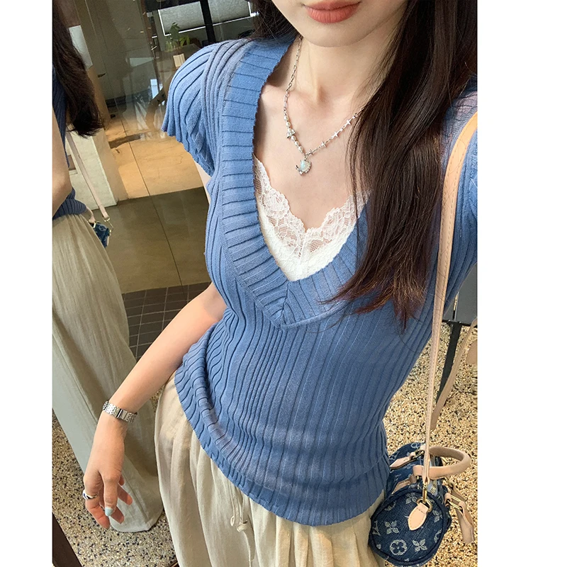 V-neck Short-sleeved Knitted Tops for Women 2026 Summer New Slim-fitting Outerwear T-Shirt Girls Stretch Sexy Tees Women T-shirt
V-neck Short-sleeved Knitted Tops for Women 2026 Summer New Slim-fitting Outerwear T-Shirt Girls Stretch Sexy Tees Women T-shirt