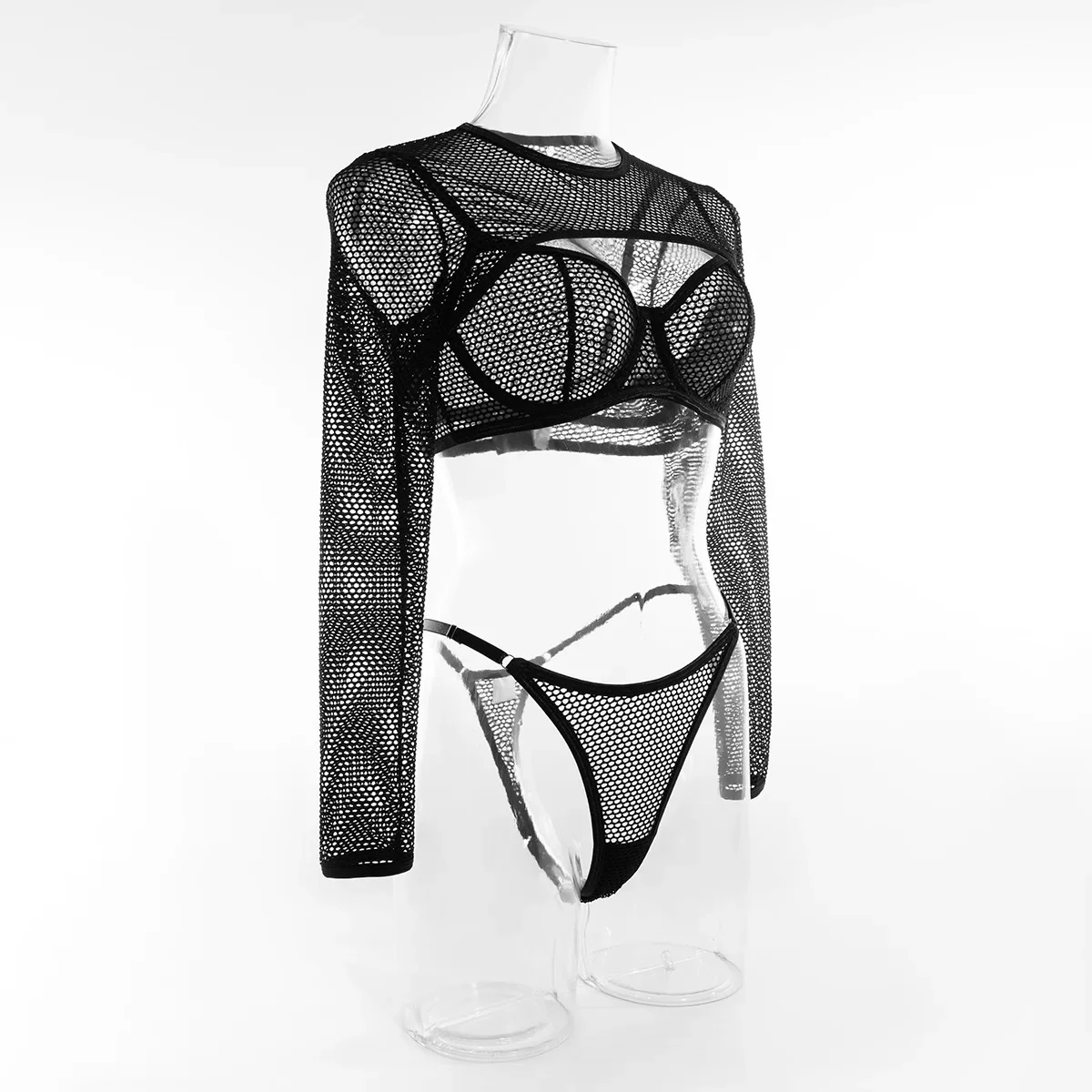 Crop Fishnet Sheer See Through Top With Cami Mesh Cut Out Underwired Bra Thong Set with Long Sleeved Top Sexy Three Piece Set 
Crop Fishnet Sheer See Through Top With Cami Mesh Cut Out Underwired Bra Thong Set with Long Sleeved Top Sexy Three Piece Set