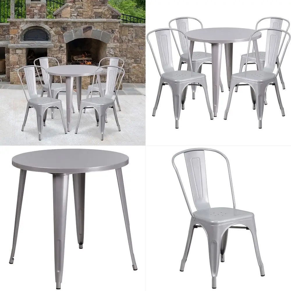 Commercial 30 Round Silver Metal IndoorOutdoor Table Set with 4 Cafe Chairs
Commercial 30 Round Silver Metal IndoorOutdoor Table Set with 4 Cafe Chairs