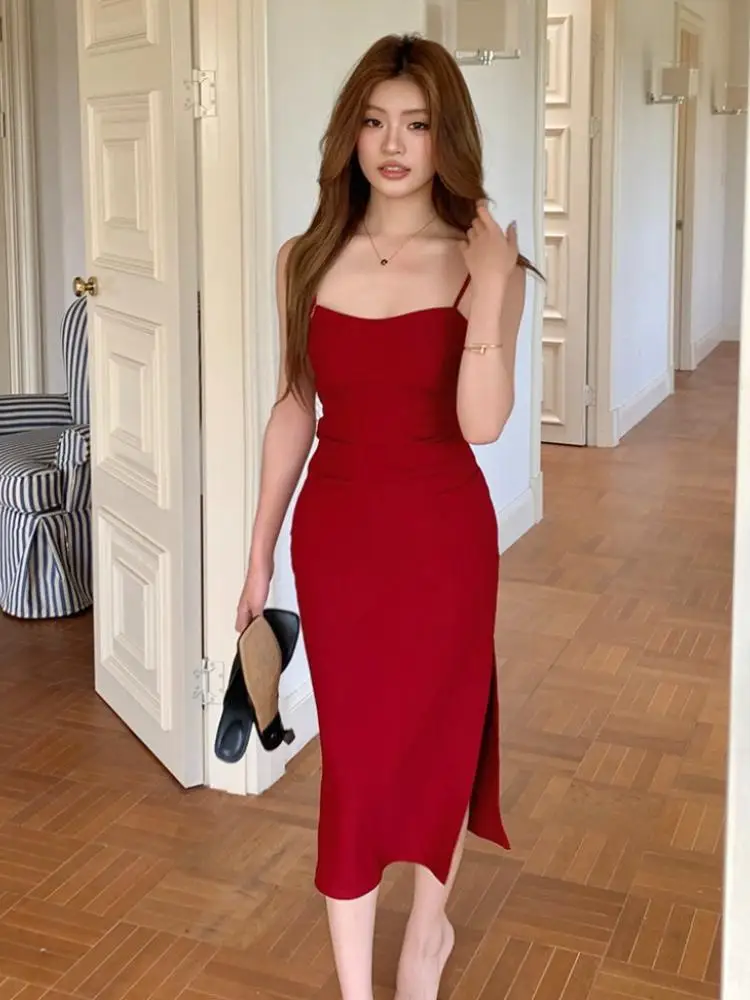 Summer Red Elegant Sleeveless Holiday Birthday Slip Dress Women's French Sexy Club Backless Wrapping Hip Split Long Dress Trendy 
Summer Red Elegant Sleeveless Holiday Birthday Slip Dress Women's French Sexy Club Backless Wrapping Hip Split Long Dress Trendy