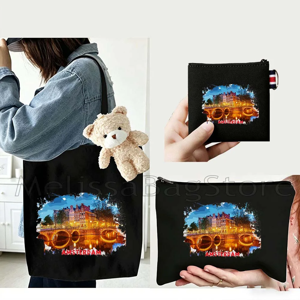 4PCS Gift Set Amsterdam Netherlands Black Canvas Tote Bag Handbag with Doll Key Coin Purse Cosmetic Makeup Toilet Bag Case Pouch
4PCS Gift Set Amsterdam Netherlands Black Canvas Tote Bag Handbag with Doll Key Coin Purse Cosmetic Makeup Toilet Bag Case Pouch