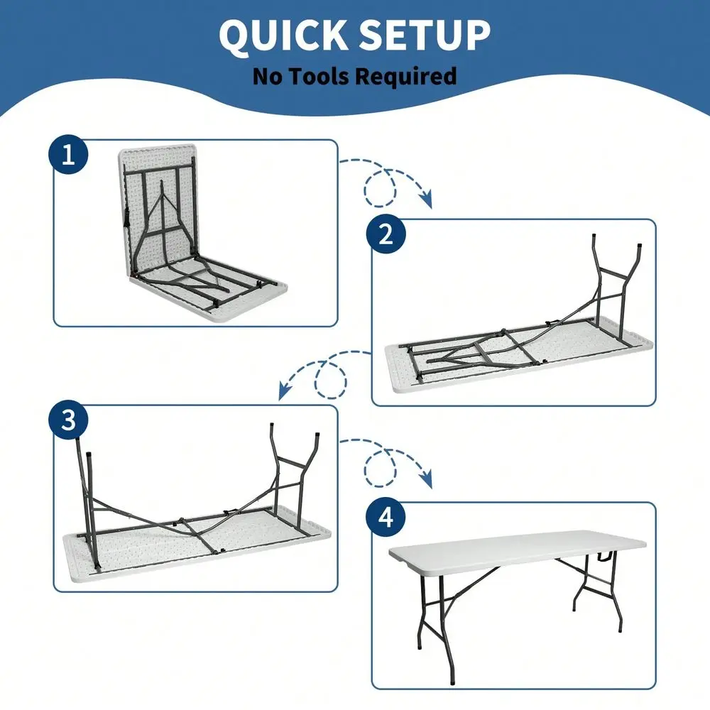 Feet FoldInHalf Table With Curve Legs, For Indoor Outdoor, Picnic, CampingWhite
Feet FoldInHalf Table With Curve Legs, For Indoor Outdoor, Picnic, CampingWhite