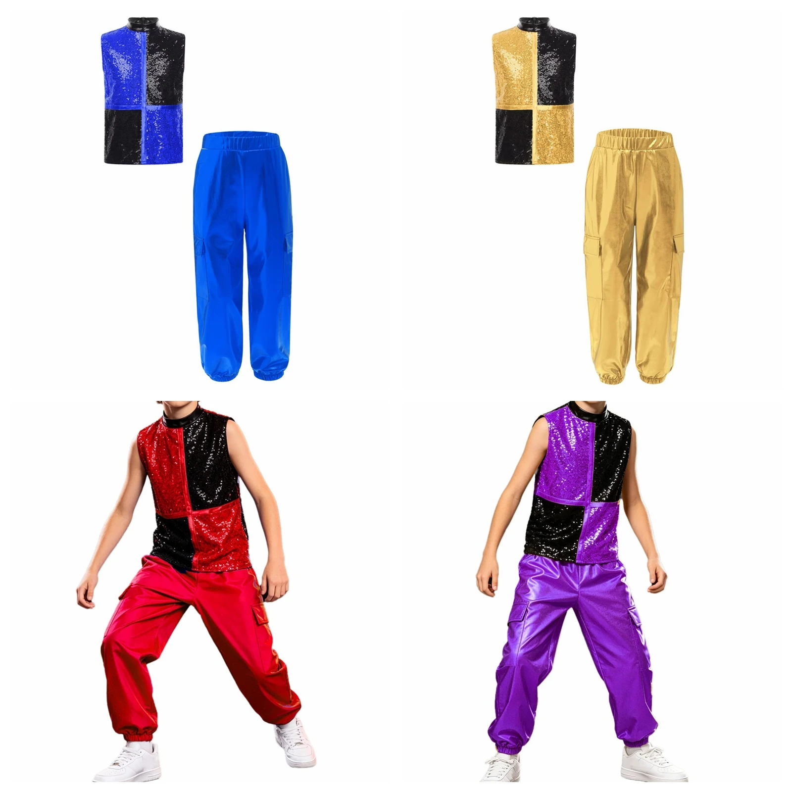 Kids Boys Fashion Metallic Jazz Dance Costume Shiny Sequins Color Block Top with Cargo Pants Children Modern Hip Hop Clothes
Kids Boys Fashion Metallic Jazz Dance Costume Shiny Sequins Color Block Top with Cargo Pants Children Modern Hip Hop Clothes