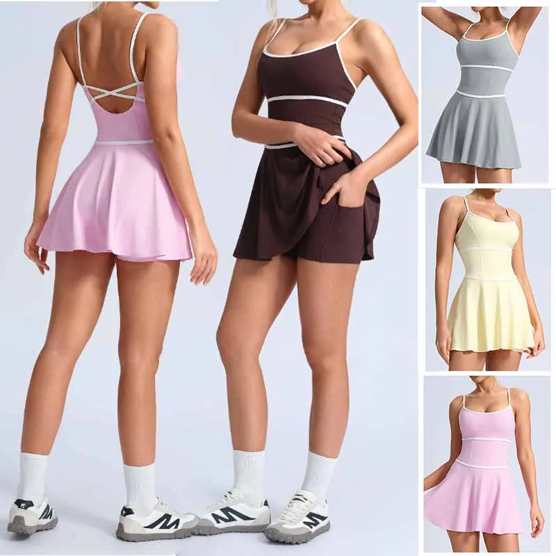 Women Tennis Yoga Dress with Shorts Elastic Quick-dry Yoga Skirt Striped Golf Workout Dress Female Fitness Sleeveless Sportswear
Women Tennis Yoga Dress with Shorts Elastic Quick-dry Yoga Skirt Striped Golf Workout Dress Female Fitness Sleeveless Sportswear