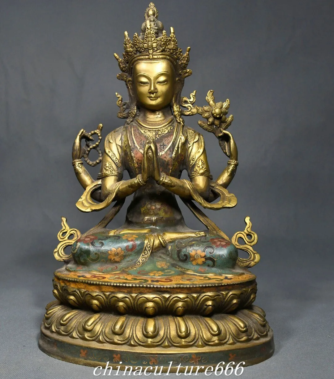 13.3 inch Cloisonne Enamel Gold Plated 4 Arm Chenrezig Kwan-yin Guan Yin Buddha Statue Sculpture gilded Brass
13.3 inch Cloisonne Enamel Gold Plated 4 Arm Chenrezig Kwan-yin Guan Yin Buddha Statue Sculpture gilded Brass