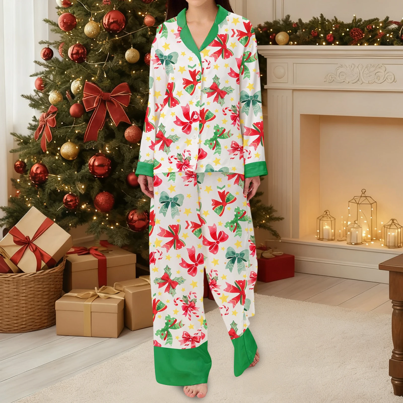 Женские рождественские пижамные комплекты с длинными рукавами и лацканами, рождественская елка/снеговик/бант, рубашки на пуговицах, брюки, одежда для сна, домашняя одежда
Женские рождественские пижамные комплекты с длинными рукавами и лацканами, рождественская елка/снеговик/бант, рубашки на пуговицах, брюки, одежда для сна, домашняя одежда
