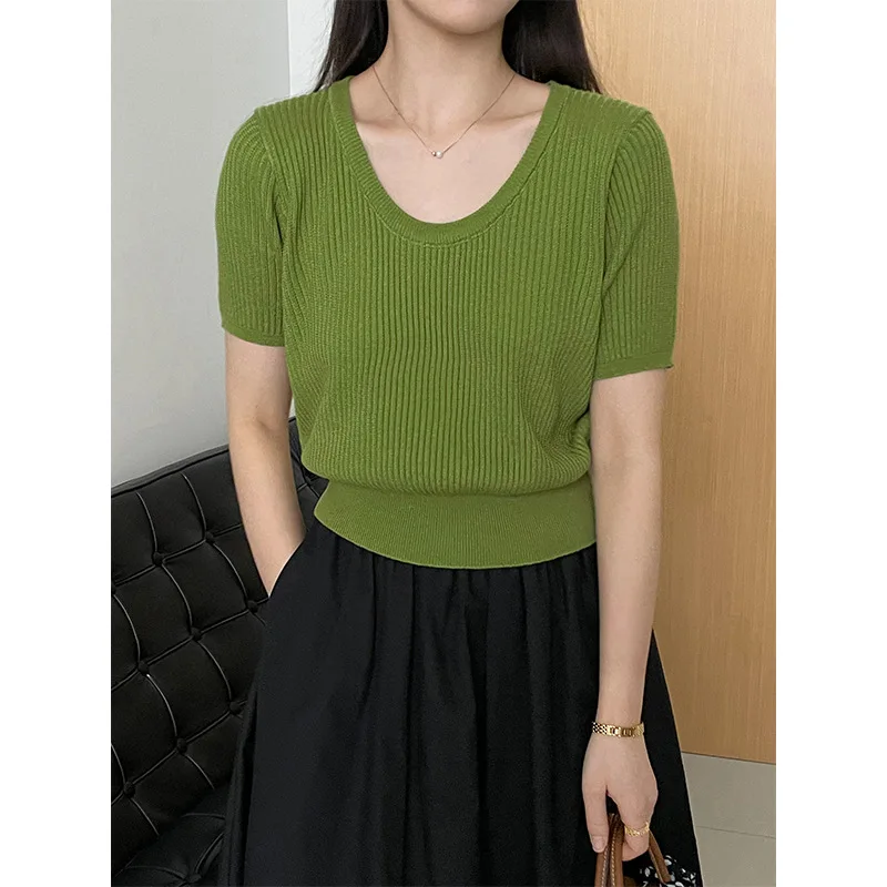 Women Spring Summer Short-sleeve Knitted Tees Ladies O-neck Basic Solid Green Knitwear T-shirts 7-5
Women Spring Summer Short-sleeve Knitted Tees Ladies O-neck Basic Solid Green Knitwear T-shirts 7-5