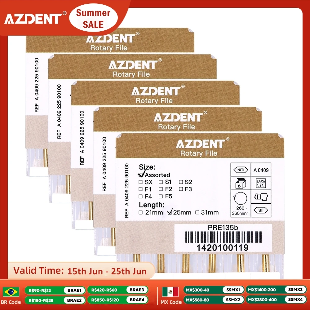 AZDENT 5Boxes Dental Endodontic Gold Large Taper Heat Activated File NITI Rotary Files Engine Use 25mm 6pcs/Box Dentistry Tools
AZDENT 5Boxes Dental Endodontic Gold Large Taper Heat Activated File NITI Rotary Files Engine Use 25mm 6pcs/Box Dentistry Tools