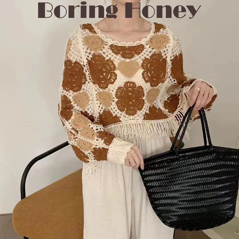 Boring Honey Autumn New Temperament Sweet Blouse Retro Crochet Hollow Out T-Shirt Tassel Long Sleeve Knit Blouse Chic Tops Women
Boring Honey Autumn New Temperament Sweet Blouse Retro Crochet Hollow Out T-Shirt Tassel Long Sleeve Knit Blouse Chic Tops Women