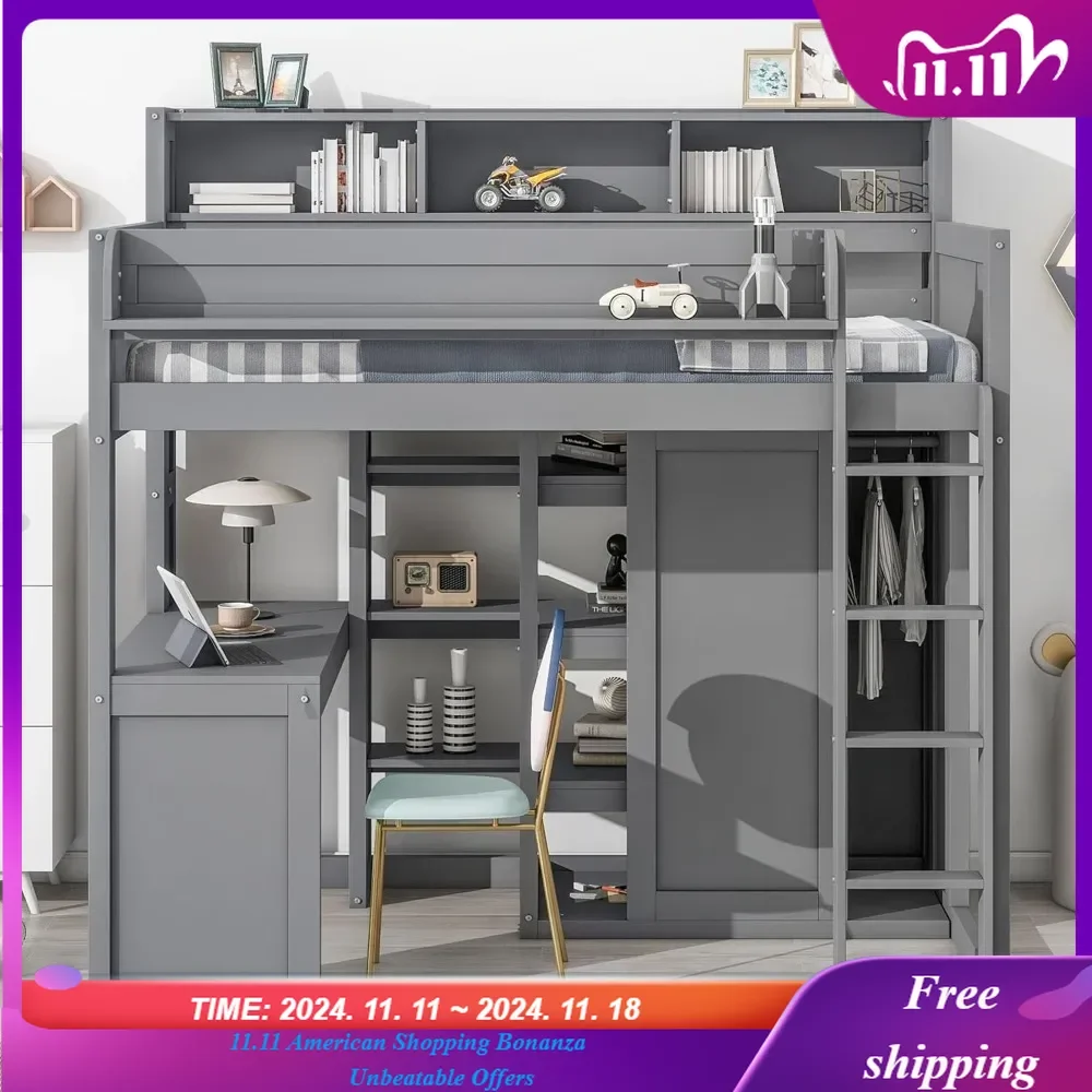 Twin Size Loft Bed with Wardrobe and Desk, Wood Loft Bed with Storage Shelves, Closet and Hanging Rode, High Loft Bed Frame
Twin Size Loft Bed with Wardrobe and Desk, Wood Loft Bed with Storage Shelves, Closet and Hanging Rode, High Loft Bed Frame