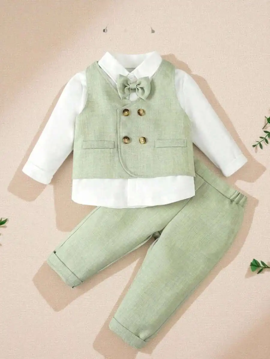 Baby Boy Formal 3-Piece Set: White Shirt, Mint Green Vest with Bow Tie & Pants
Baby Boy Formal 3-Piece Set: White Shirt, Mint Green Vest with Bow Tie & Pants