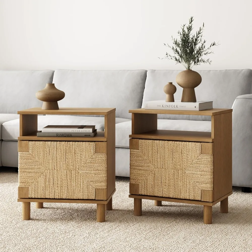 Wood Nightstand, Bohemian Accent Table or Sofa Side Table with Seagrass Door for Bedroom or Living Room, Light Brown, Set of 2
Wood Nightstand, Bohemian Accent Table or Sofa Side Table with Seagrass Door for Bedroom or Living Room, Light Brown, Set of 2
