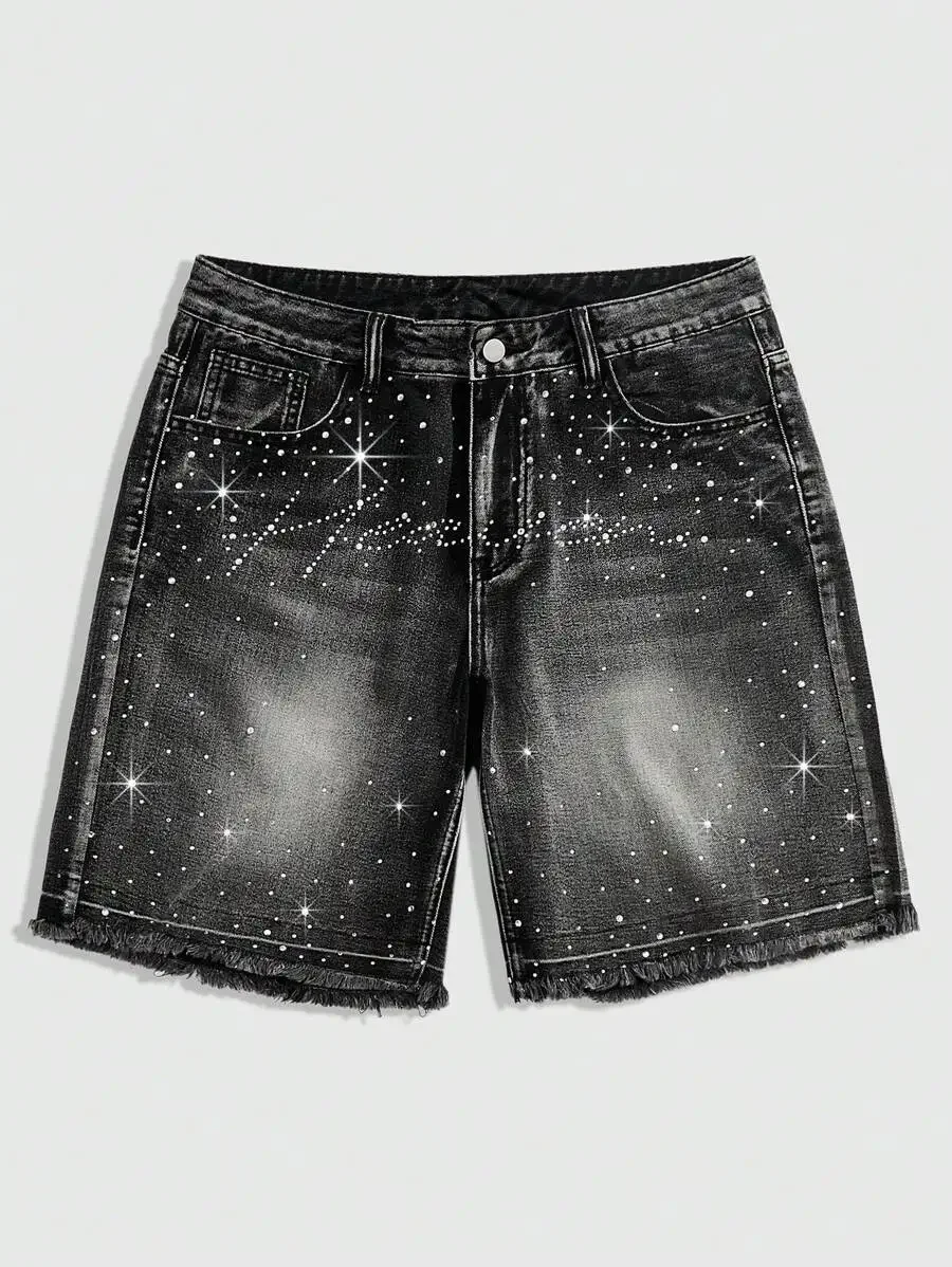Mens Rhinestone Embellished Distressed Denim Shorts With Frayed Hem
Mens Rhinestone Embellished Distressed Denim Shorts With Frayed Hem