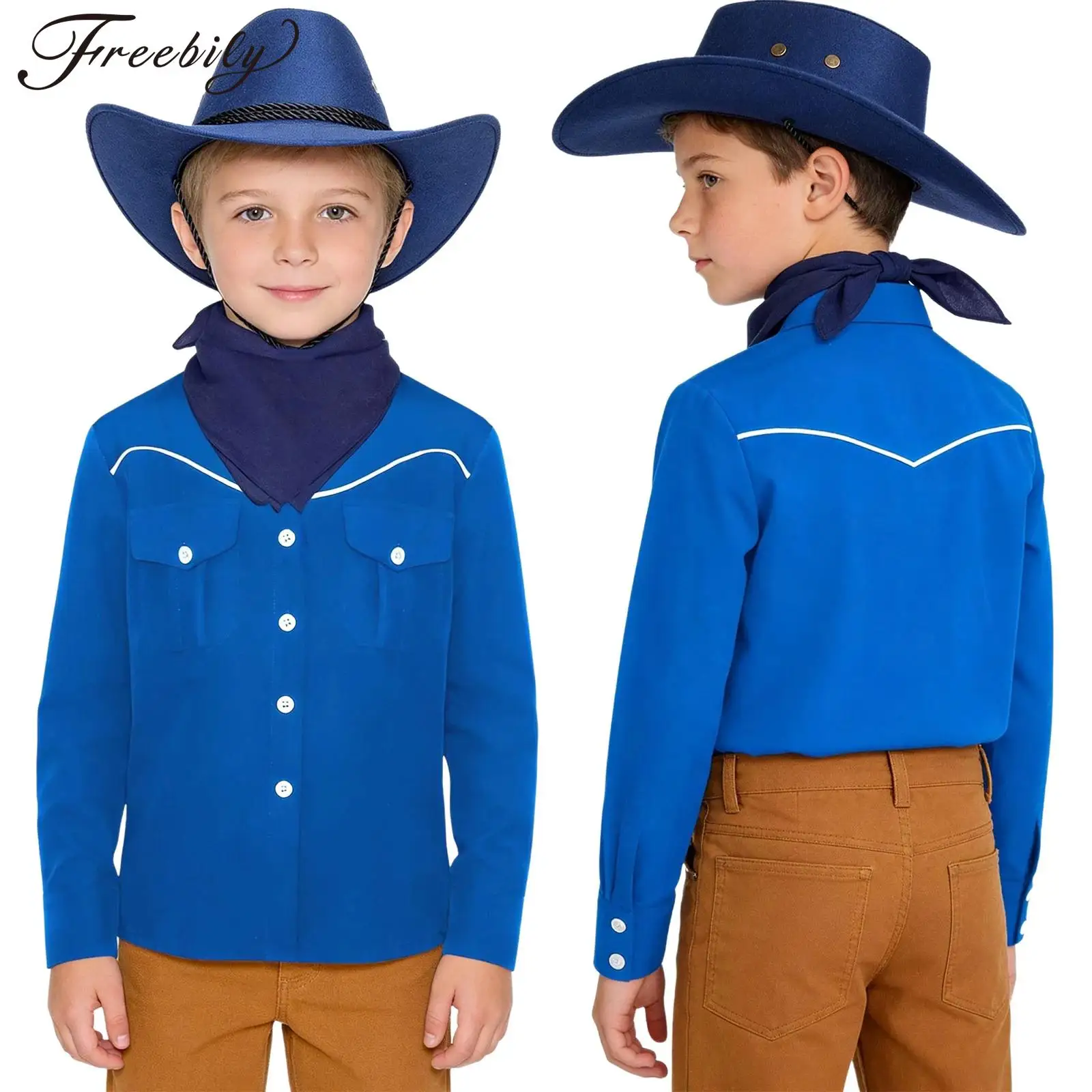 Kids Boys Girls 3 Pieces Western Cowboy Outfit Long Sleeve Top and Cowboy Hat Bandana Set for Stage Performance Competition
Kids Boys Girls 3 Pieces Western Cowboy Outfit Long Sleeve Top and Cowboy Hat Bandana Set for Stage Performance Competition