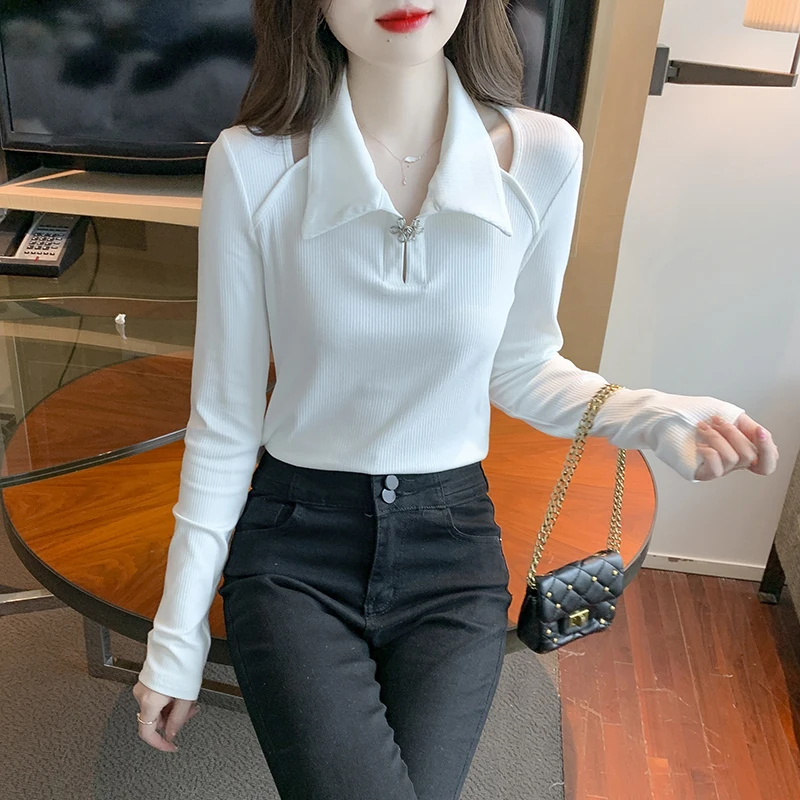 Autumn Cotton Long Sleeve Women T Shirt Slim Rivet Turn-down Collar Tshirt Korean Fashion Soild Tee Shirt Femme Skinny Short Top
Autumn Cotton Long Sleeve Women T Shirt Slim Rivet Turn-down Collar Tshirt Korean Fashion Soild Tee Shirt Femme Skinny Short Top