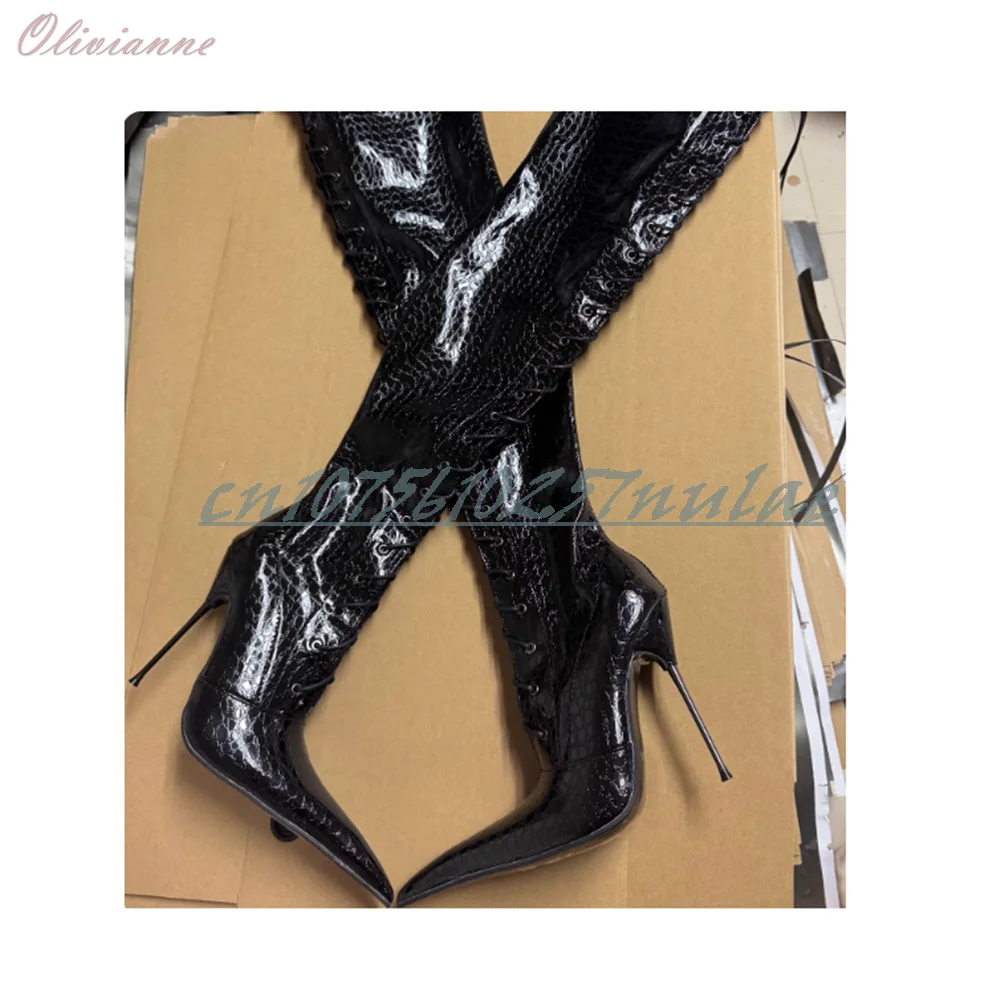 Black Snakeprint Leather Front Lace-up Over the Knee Boots Pointy Stiletto High Heel Runway Party Sexy Women Shoes Para Mujere
Black Snakeprint Leather Front Lace-up Over the Knee Boots Pointy Stiletto High Heel Runway Party Sexy Women Shoes Para Mujere