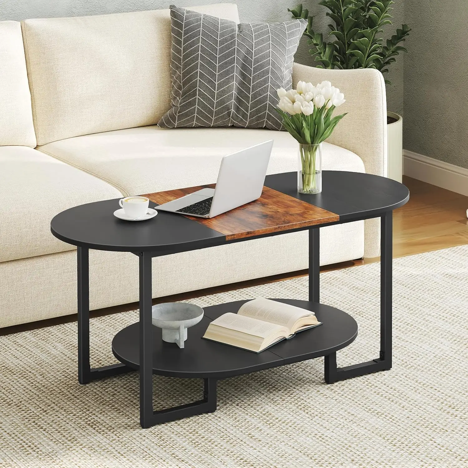 Oval Small Coffee Table with 2-Tier Open Storage Shelf, Industrial Cocktail Tea Table, Wooden Desktop Center Table for Living Room Home Office, Rustic Brown and Black
Oval Small Coffee Table with 2-Tier Open Storage Shelf, Industrial Cocktail Tea Table, Wooden Desktop Center Table for Living Room Home Office, Rustic Brown and Black