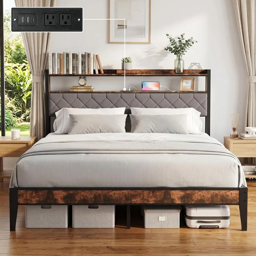 Grey King Size Bed with Charging Station, Upholstered Headboard, 2-Tier Shelves, Large Storage, Non-Slip & Quiet
Grey King Size Bed with Charging Station, Upholstered Headboard, 2-Tier Shelves, Large Storage, Non-Slip & Quiet