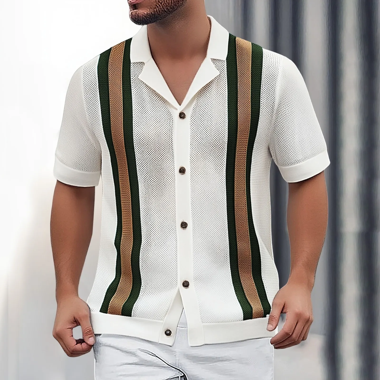 Vacation Men Hollow Out Knitted Shirts Patchwork Summer Short Sleeve Shirt Lapel Collar Button Down Tops Ropa Hombre
Vacation Men Hollow Out Knitted Shirts Patchwork Summer Short Sleeve Shirt Lapel Collar Button Down Tops Ropa Hombre