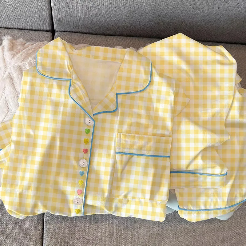 Yellow Plaid Long Sleeve Pajama Set for Women with Embroidered Hearts Homewear Outfit
Yellow Plaid Long Sleeve Pajama Set for Women with Embroidered Hearts Homewear Outfit
