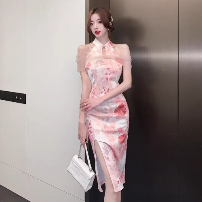 Women Pink Flower Print Qipao Mesh Sexy Split Party Dress Chinese Style Elegant Lady Slim Retro Cheongsam Dress Vintage Vestidos
Women Pink Flower Print Qipao Mesh Sexy Split Party Dress Chinese Style Elegant Lady Slim Retro Cheongsam Dress Vintage Vestidos