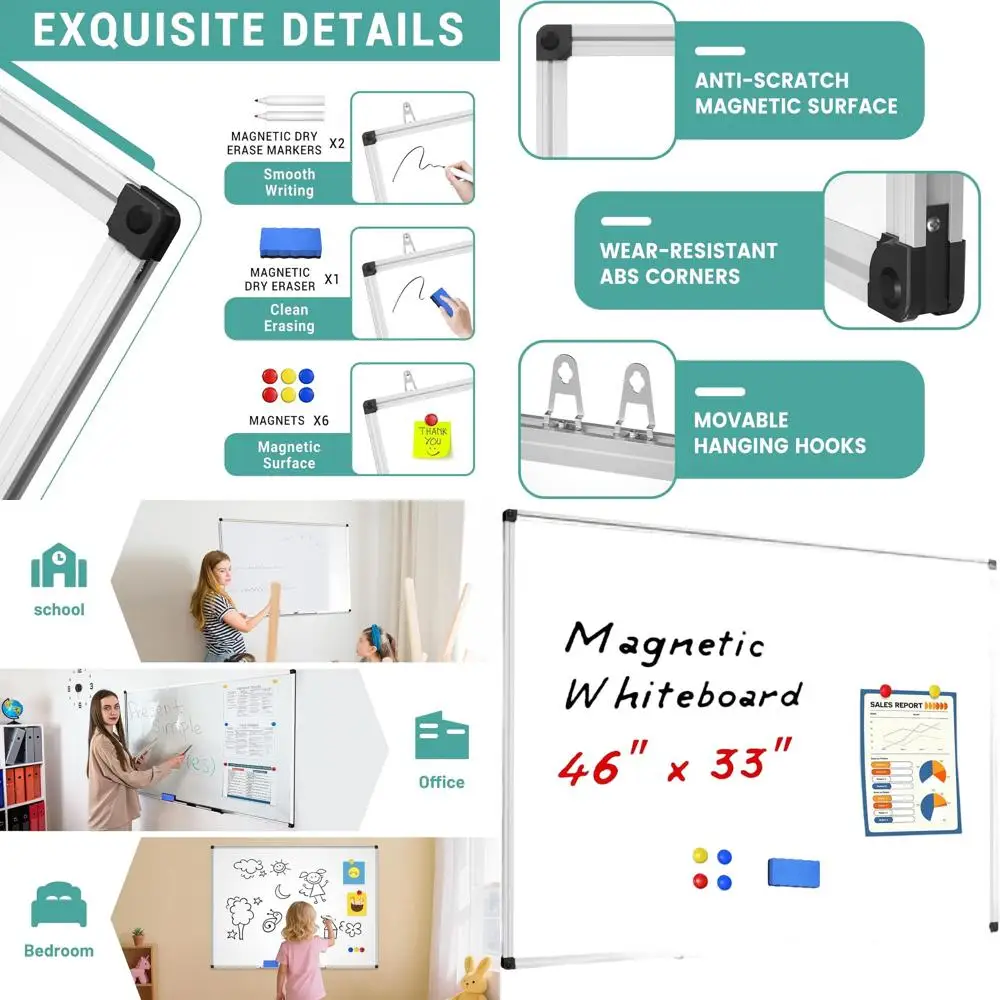 46 x 33 Wall-Mounted Magnetic Whiteboard with Aluminum Frame, Eraser, Pens, Tray, and Magnets
46 x 33 Wall-Mounted Magnetic Whiteboard with Aluminum Frame, Eraser, Pens, Tray, and Magnets