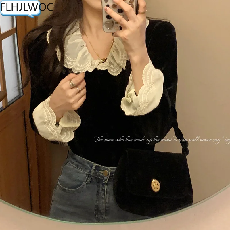 Cute Basic Shirts Flare Sleeve Single Breasted Button Ruffles White Lace Blouse Women Chic Korea French Black Velvet Tops D270
Cute Basic Shirts Flare Sleeve Single Breasted Button Ruffles White Lace Blouse Women Chic Korea French Black Velvet Tops D270