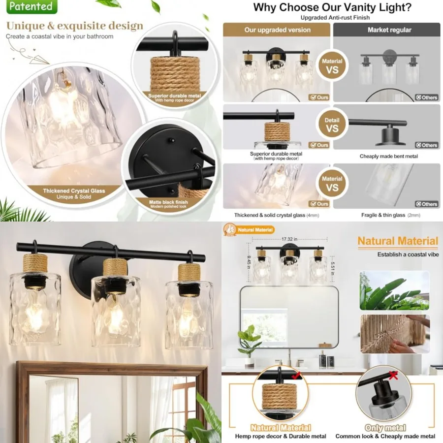 Bathroom Light Fixtures, Coastal Vanity Lights with Crystal Glass Shade, Black Bathroom Wall Lamp for Mirror Kitchen Hallway Ca
Bathroom Light Fixtures, Coastal Vanity Lights with Crystal Glass Shade, Black Bathroom Wall Lamp for Mirror Kitchen Hallway Ca