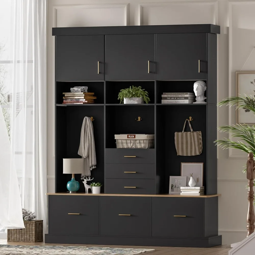 Hall Tree with Bench and Shoe Storage, 75”H Modern Shoe Cabinet with 6 Drawers for Entryway, 3 Cabinets and Open Shelves, Hallway Coat Rack with 3 Hanging Hooks, for Mudroom Hallway, Black
Hall Tree with Bench and Shoe Storage, 75”H Modern Shoe Cabinet with 6 Drawers for Entryway, 3 Cabinets and Open Shelves, Hallway Coat Rack with 3 Hanging Hooks, for Mudroom Hallway, Black