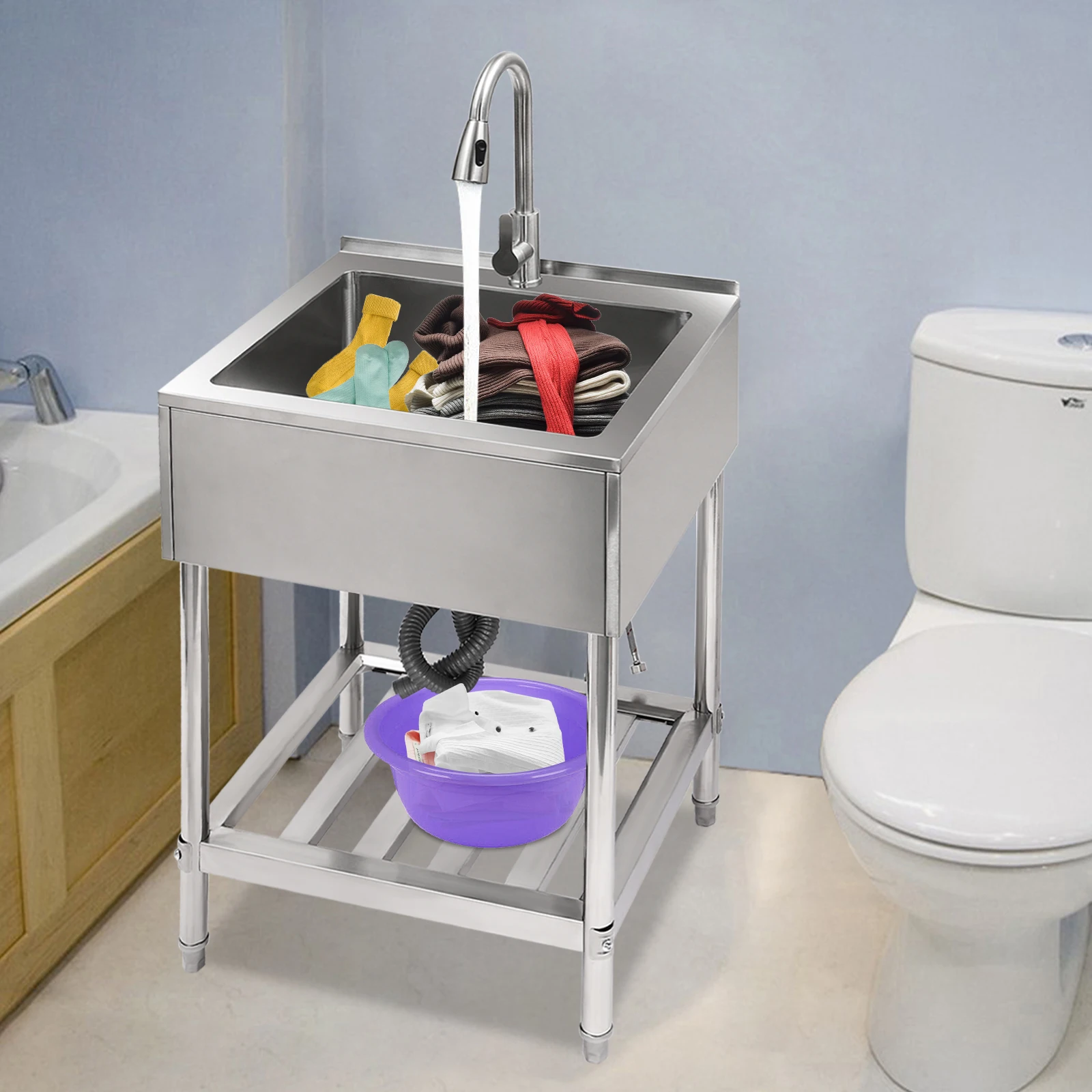 Single Bowl Stainless Steel Laundry Sink W/ Pull-Out Faucet & Stand,Freestanding Modern Design Kitchen Sink(100kg Load Capacity)
Single Bowl Stainless Steel Laundry Sink W/ Pull-Out Faucet & Stand,Freestanding Modern Design Kitchen Sink(100kg Load Capacity)