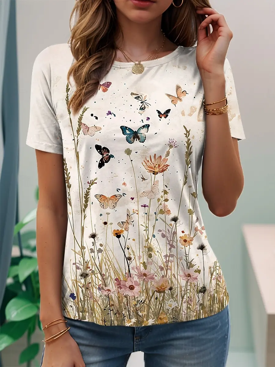 Floral & Butterfly Print Casual T Shirt Crew Neck Short Sleeve Tee For Women Summer Holiday Travel Beach And Daily Outfits
Floral & Butterfly Print Casual T Shirt Crew Neck Short Sleeve Tee For Women Summer Holiday Travel Beach And Daily Outfits