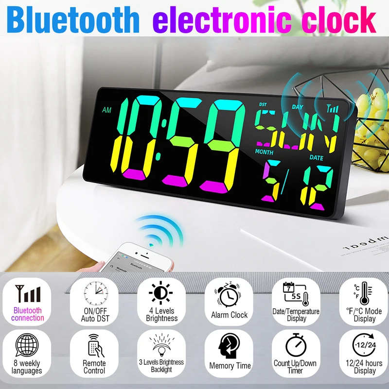 Large Digital Wall Clock 17.2 Inch Temperature Date Auto Dimmer Table Clock Rgb Coloful Bluetooth Electronic LED Alarm Clock DST
Large Digital Wall Clock 17.2 Inch Temperature Date Auto Dimmer Table Clock Rgb Coloful Bluetooth Electronic LED Alarm Clock DST