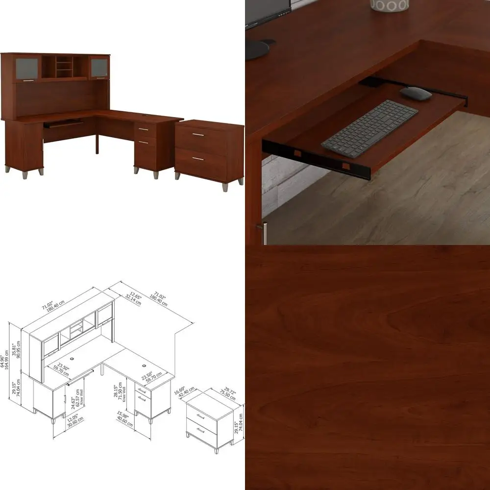 72-inch Wide L-Shaped Desk with Hutch and File Cabinet in Hansen Cherry Finish
72-inch Wide L-Shaped Desk with Hutch and File Cabinet in Hansen Cherry Finish