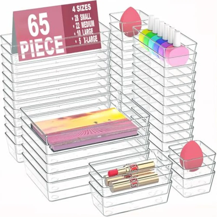 Drawer Organizers Set of 65, 4 Sizes Clear Plastic Drawer Organizers and Storage Bins for Kitchen, Bathroom, Office, Dresser De
Drawer Organizers Set of 65, 4 Sizes Clear Plastic Drawer Organizers and Storage Bins for Kitchen, Bathroom, Office, Dresser De