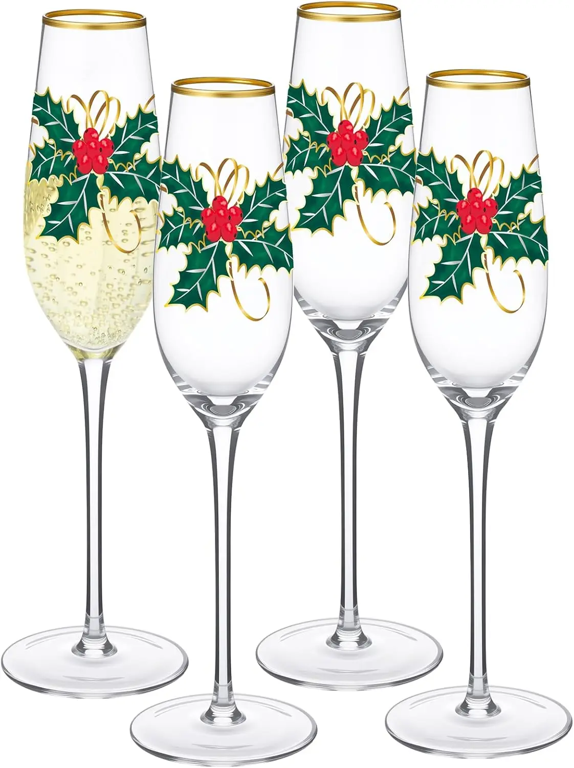 4 Pcs Gold-Rimmed Christmas Champagne Flutes, 7.4oz Sparkling Wine Glasses with Holly & Leaves Design
4 Pcs Gold-Rimmed Christmas Champagne Flutes, 7.4oz Sparkling Wine Glasses with Holly & Leaves Design