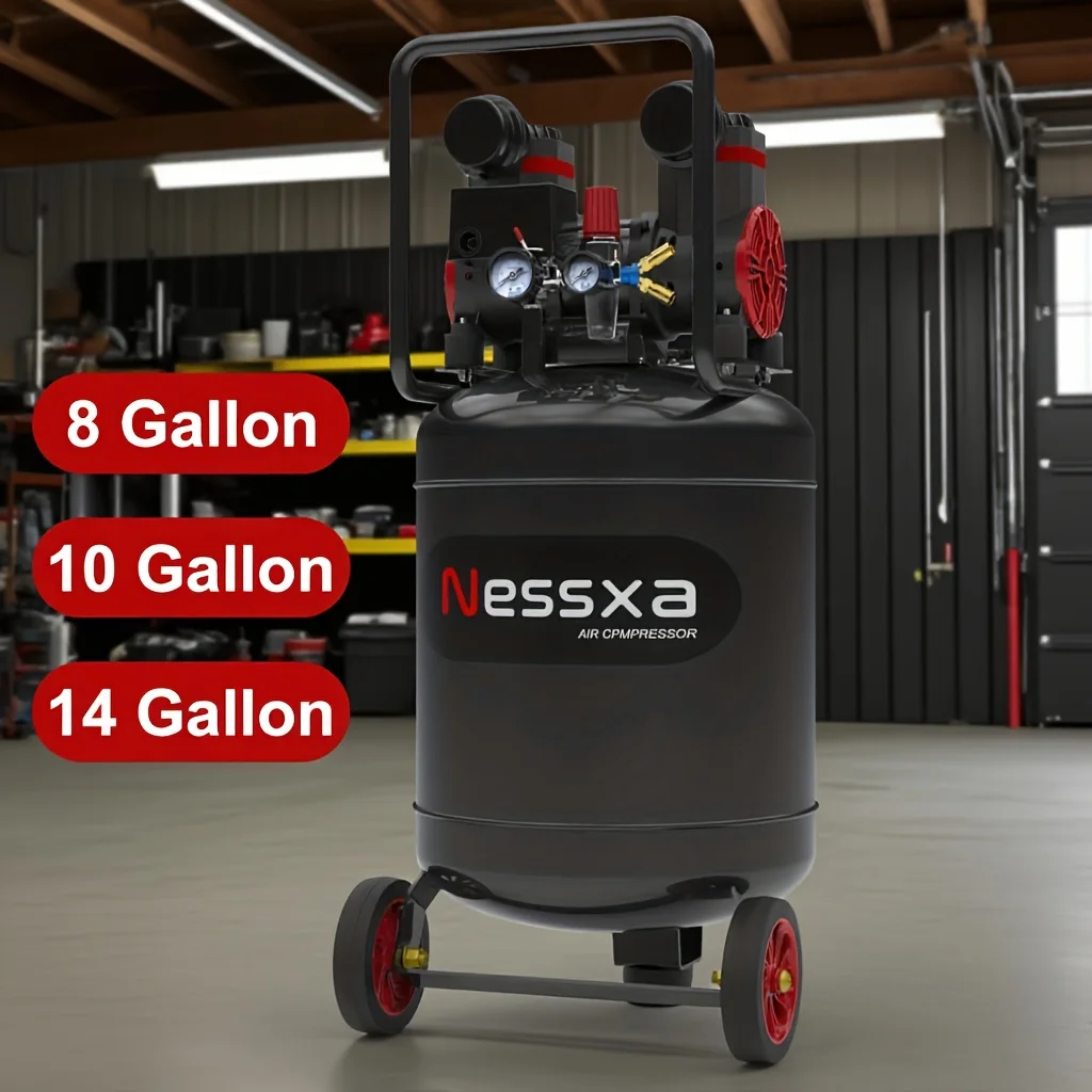 8/10/14 Gallon Ultra Quiet Air Compressor with Two Quick Couplers, 2HP 8.76 CFM at 115PSI Oil-Free Air Compressor Tank, 110V/60Hz, Spray Painting, Woodwork Nailing
8/10/14 Gallon Ultra Quiet Air Compressor with Two Quick Couplers, 2HP 8.76 CFM at 115PSI Oil-Free Air Compressor Tank, 110V/60Hz, Spray Painting, Woodwork Nailing