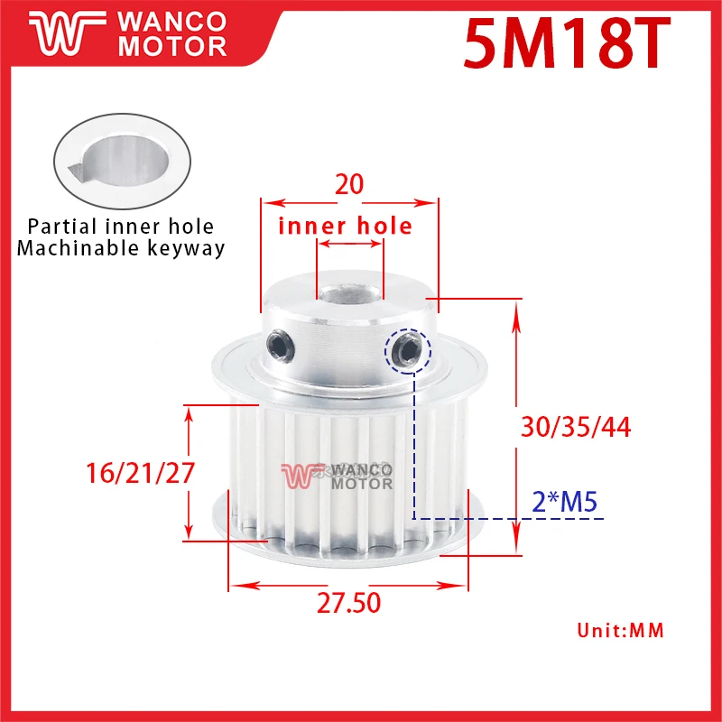 Synchronous pulley 5M18 teeth, groove width 16/21/27 BF type boss pulley, teeth outer diameter 27.5, inner hole 6-14
Synchronous pulley 5M18 teeth, groove width 16/21/27 BF type boss pulley, teeth outer diameter 27.5, inner hole 6-14