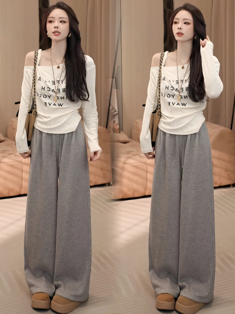 Korean Sle Long Sve Letter Print T-irt Wide Leg Pants Two Piece Set oulder Bared Early Autumn Youthful Faionable
Korean Sle Long Sve Letter Print T-irt Wide Leg Pants Two Piece Set oulder Bared Early Autumn Youthful Faionable
