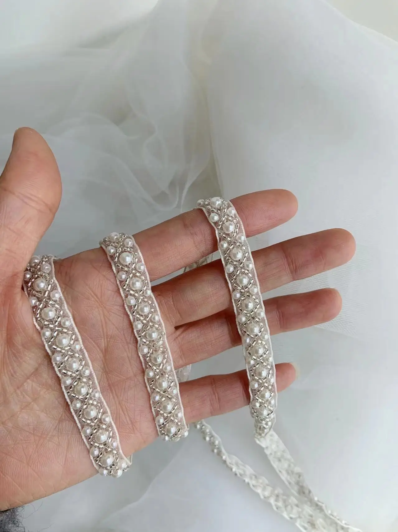 1 Yard Pearl Beads Sash Ribbon Belt for Couture,Clothing DIY Decor,Bridal Headpiece,Fashion Sash Supplies 
1 Yard Pearl Beads Sash Ribbon Belt for Couture,Clothing DIY Decor,Bridal Headpiece,Fashion Sash Supplies