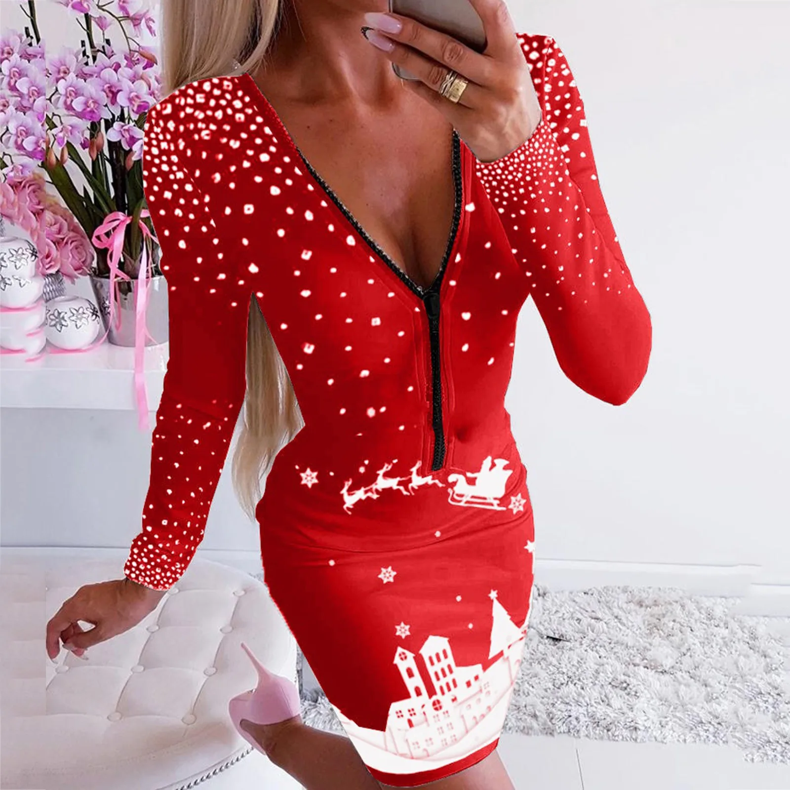 Christmas Print Dress Women Zippered V Neck Long Sleeve Bodycon Elegant Vintage Autumn Winter Robe Vestidos Streetwear
Christmas Print Dress Women Zippered V Neck Long Sleeve Bodycon Elegant Vintage Autumn Winter Robe Vestidos Streetwear
