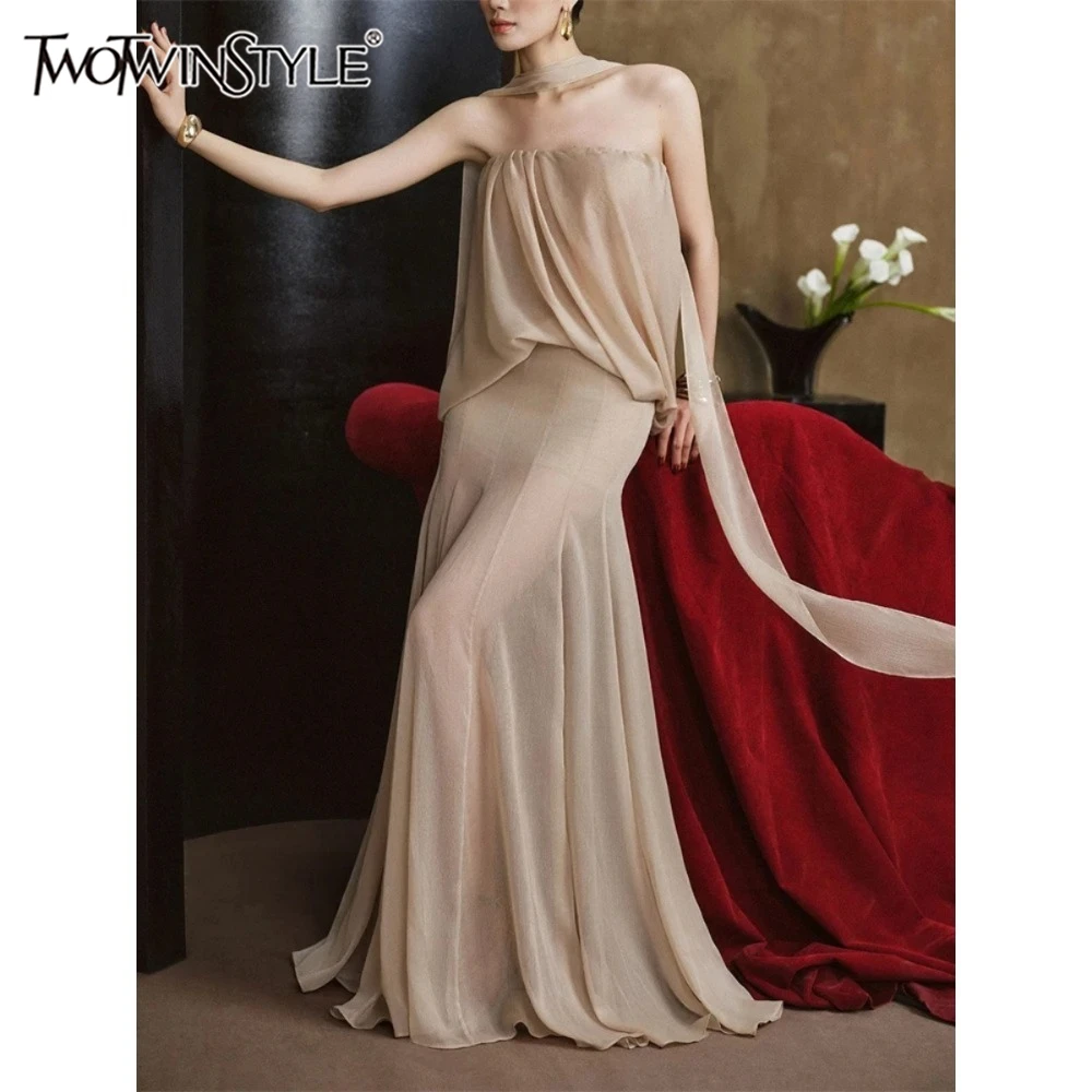 TWOTWINSTYLE Solid Sheer Dresses for Women Strapless Sleeveless High Waist Patchwork Folds Long Dress Female Fashion Clothing
TWOTWINSTYLE Solid Sheer Dresses for Women Strapless Sleeveless High Waist Patchwork Folds Long Dress Female Fashion Clothing